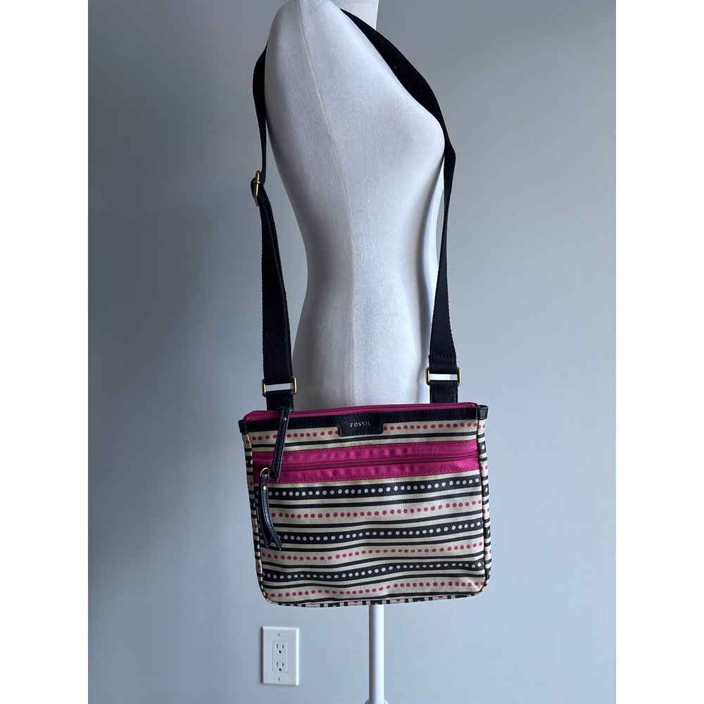Fossil Crossbody Bag Women Pink Black Striped Polka Dot Canvas Indie Sleaze